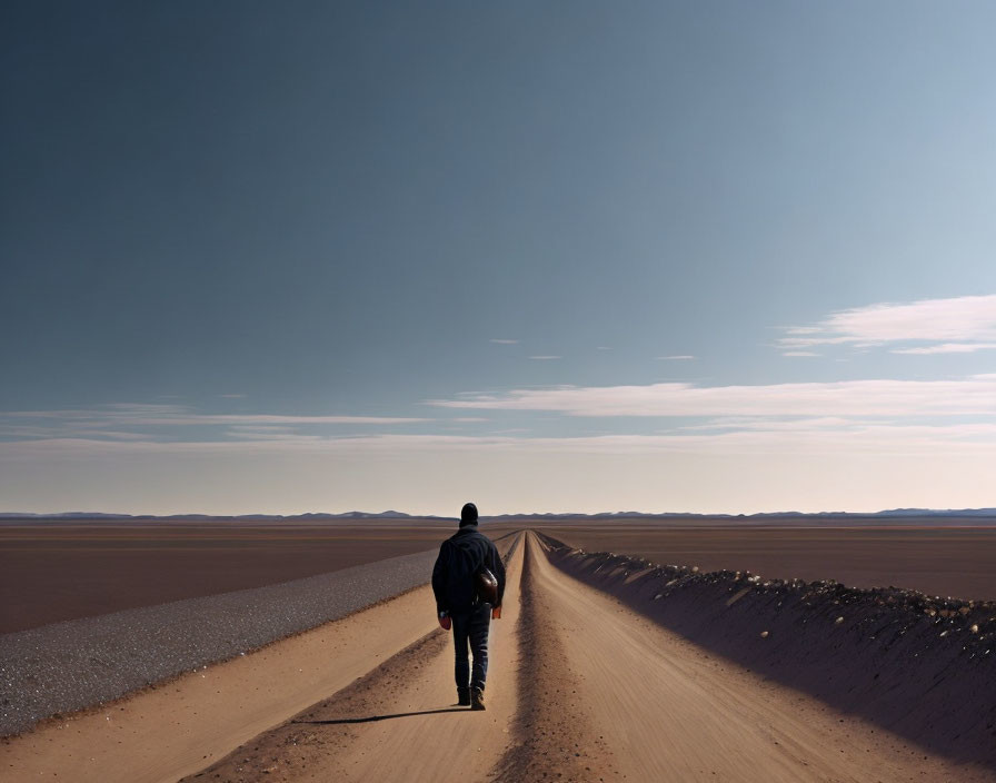 Solitary figure walking on deserted road in vast landscape