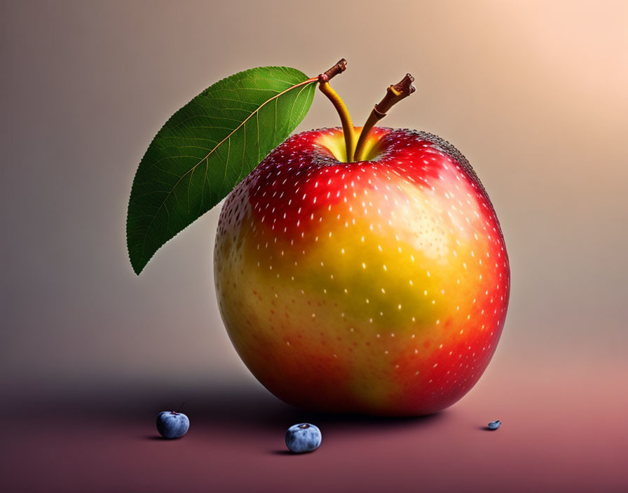 Red and Yellow Apple with Blueberries on Neutral Background