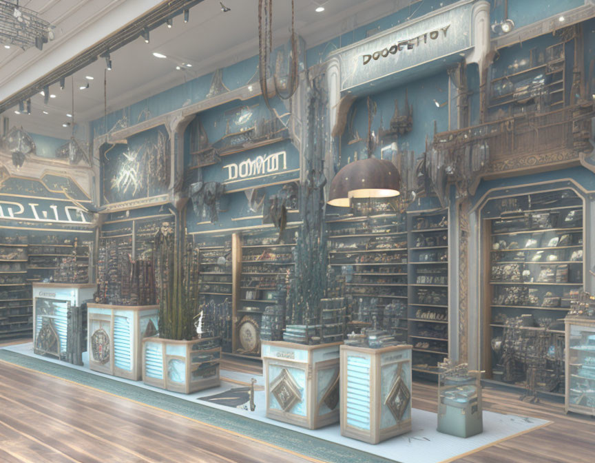 Elegant Vintage-Style Store Interior with Luxurious Wood and Metal Displays