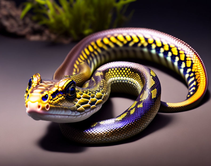 Colorful Snake with Yellow, Black, and Purple Patterns on Dark Surface