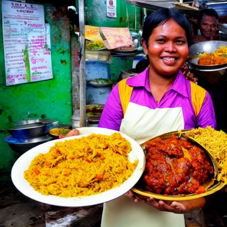 Smiling person in pink and white apron presents plates of food in vibrant market setting