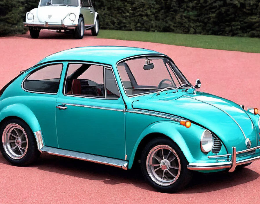 Turquoise and White Volkswagen Beetles on Paved Surface