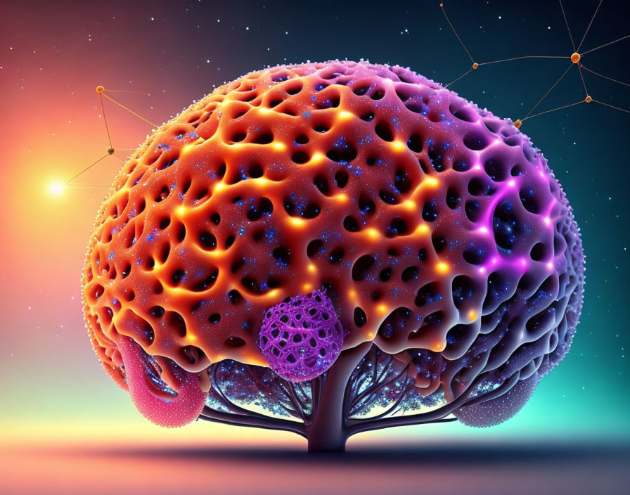 Colorful human brain tree structure on cosmic background.