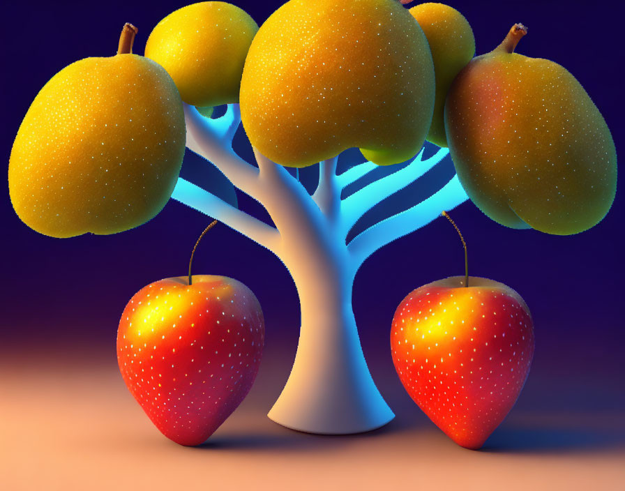 Stylized image: White tree with oversized red and yellow apple-shaped fruits