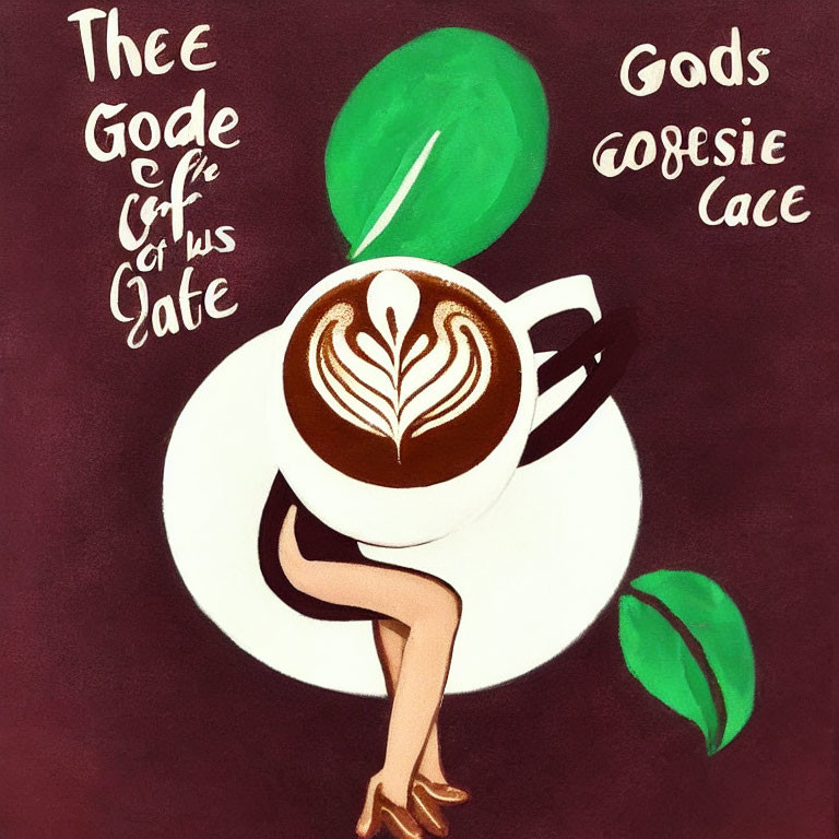 Illustration of coffee cup with latte art, human legs, green leaves on burgundy background with