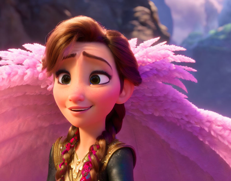 3D animated female character with braided hair and pink wings on purple background