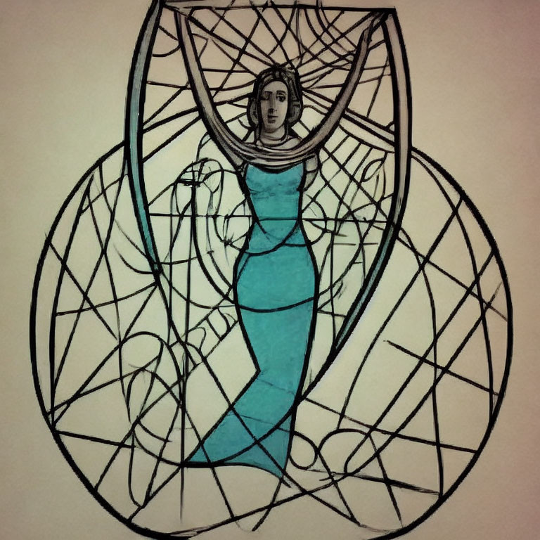 Geometric spider web pattern sketch of a woman on beige background