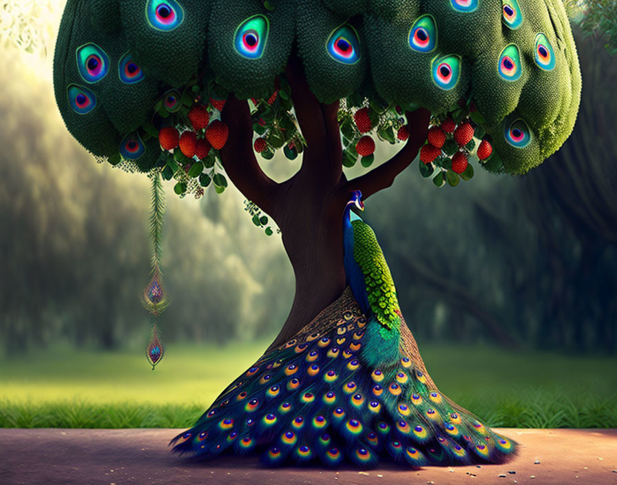 Colorful Peacock Displaying Tail Feathers in Fantasy Forest