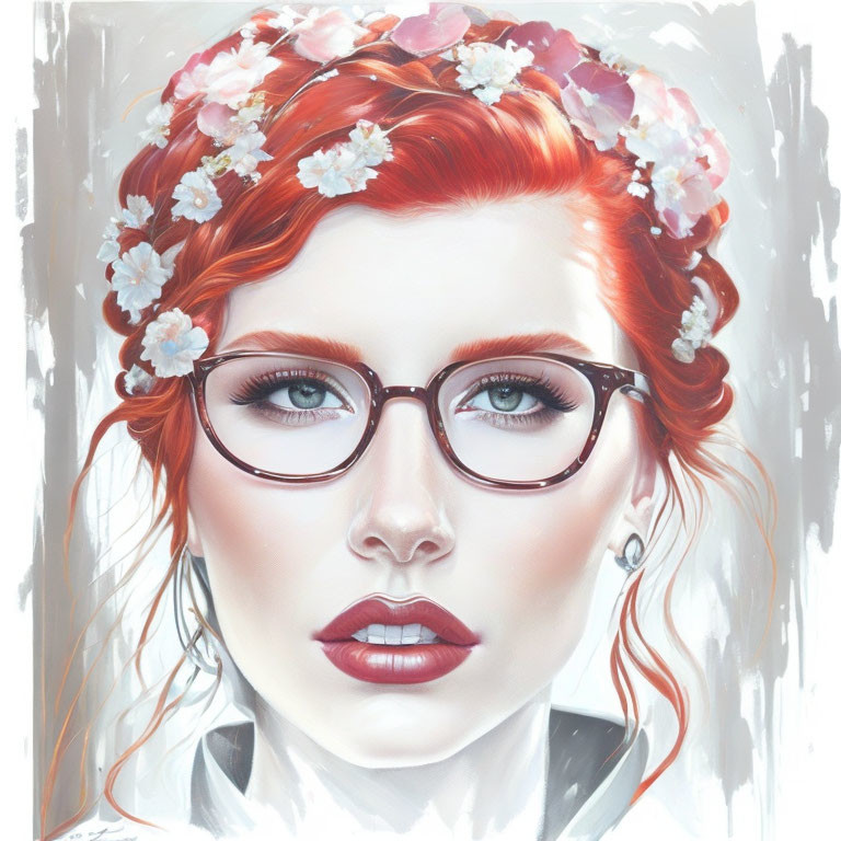 Red-haired woman with floral crown and round glasses in digital art portrait