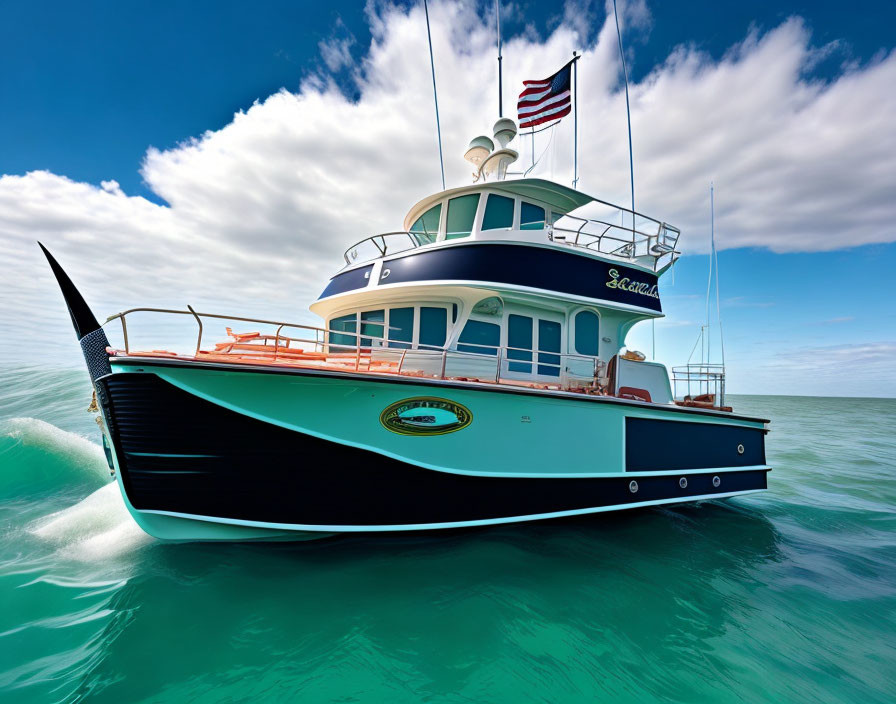 Luxury yacht sailing on turquoise waters with American flag under blue sky