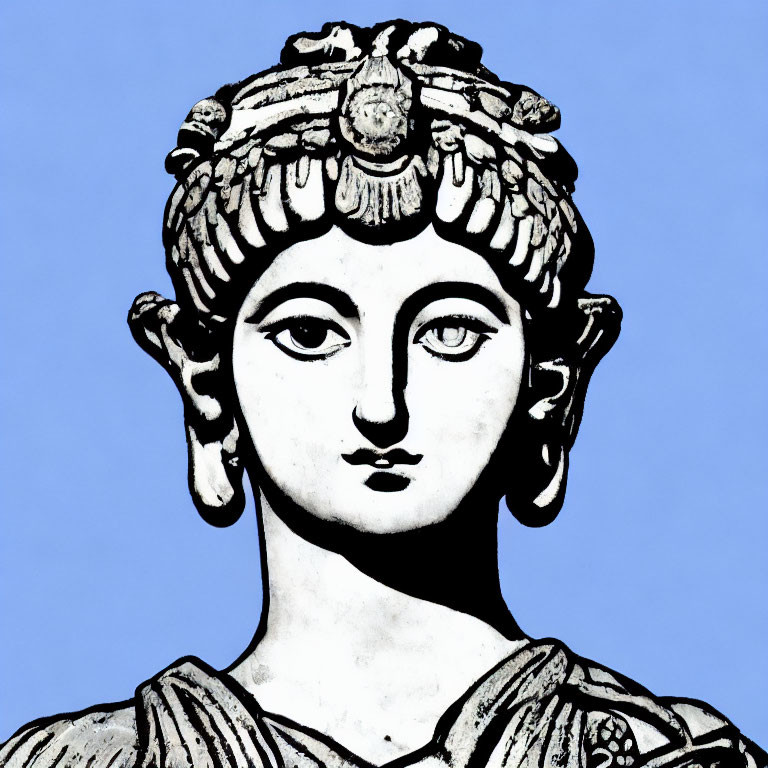 Detailed Classical Bust Sculpture with Decorative Headdress on Blue Background