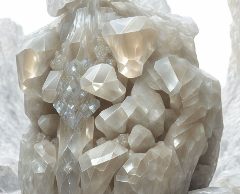 Pale translucent crystals with faceted surfaces: A detailed close-up.