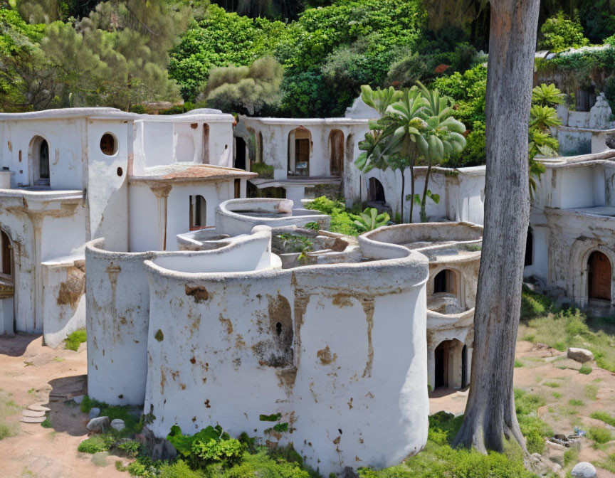 Miniature model town with white rounded buildings and tall tree in green setting