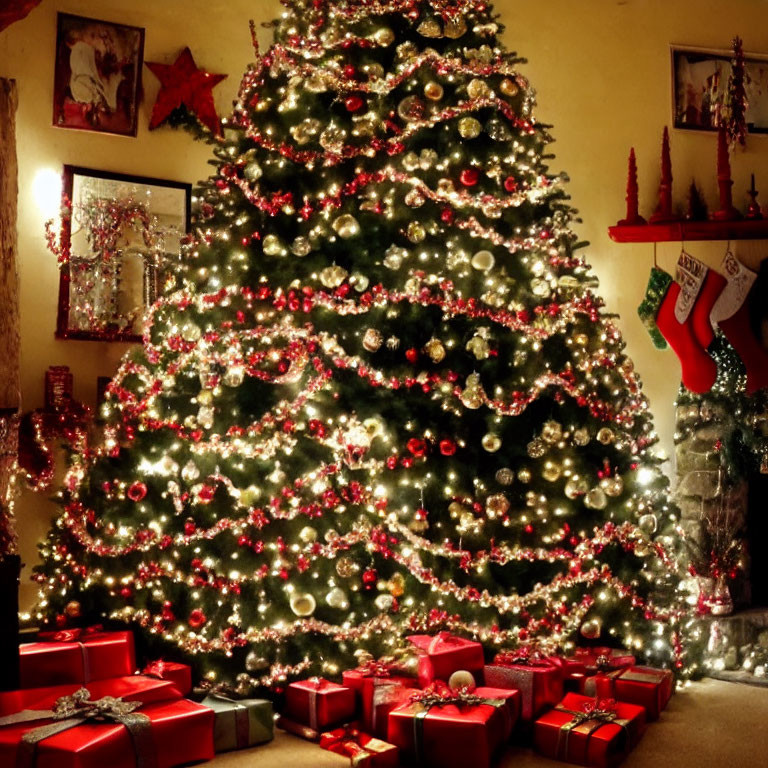 Festive Christmas tree with lights, red and white ornaments, and presents underneath