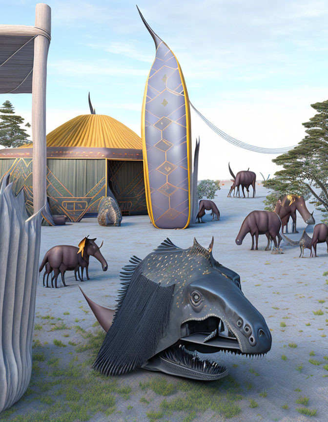 Futuristic digital artwork of high-tech camp with stylized animals