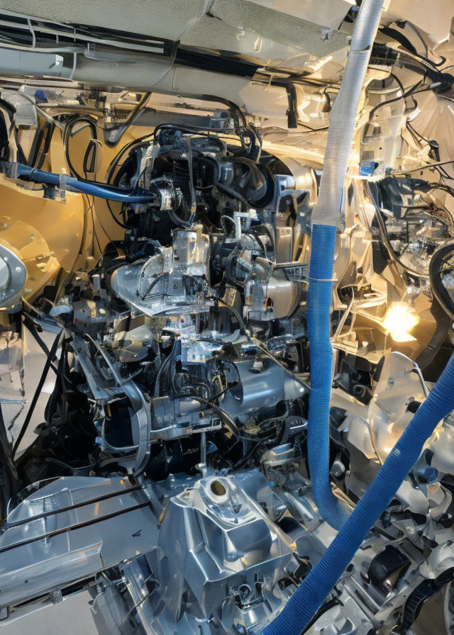 Industrial Machine Interior with Pipes, Wires, and Metallic Components