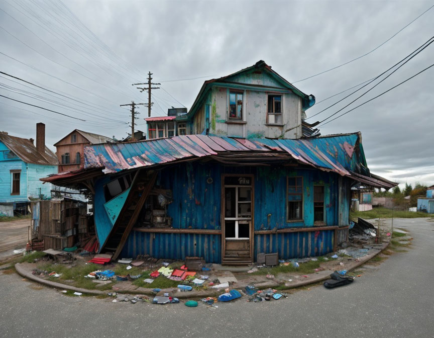 Abandoned blue two-story house with damaged roof and debris under overcast skies