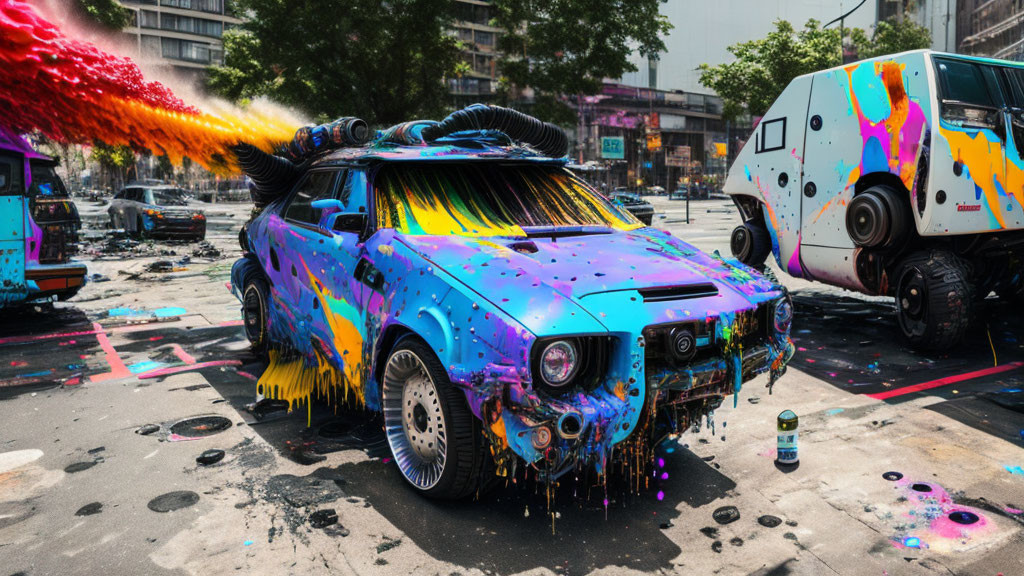 Colorful Paint-Splattered Car and Vans in Chaotic Street Art Scene