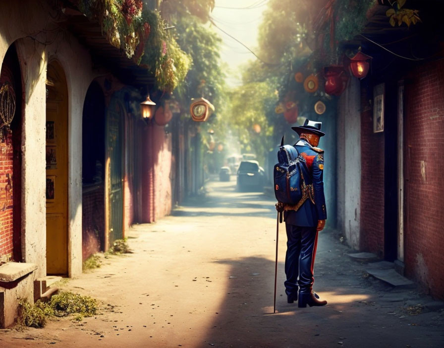 Person in uniform with walking stick in atmospheric alley with lanterns and greenery