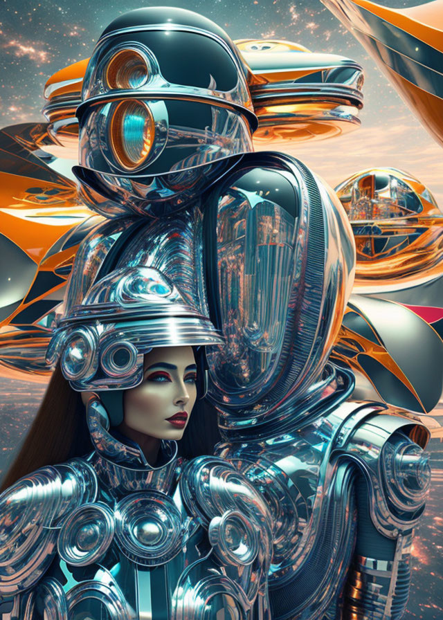 Futuristic humanoid figures in sleek robotic suits on abstract background