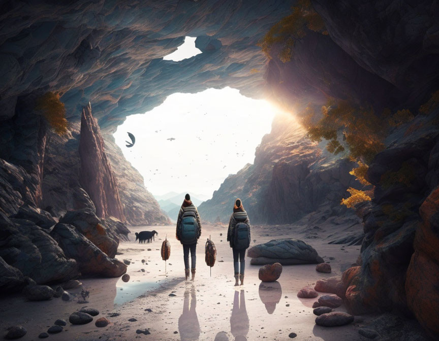 Backpackers in a Cave Approaching Surreal Landscape