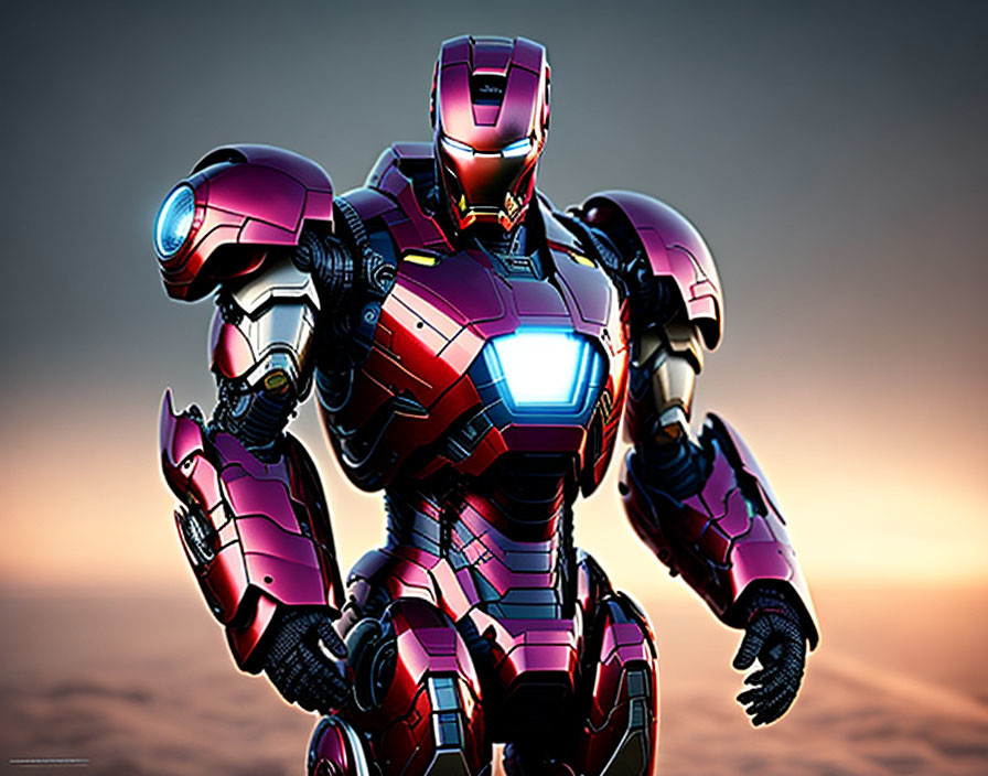 Detailed illustration of advanced Iron Man armor with glowing arc reactor and repulsors on dusky backdrop