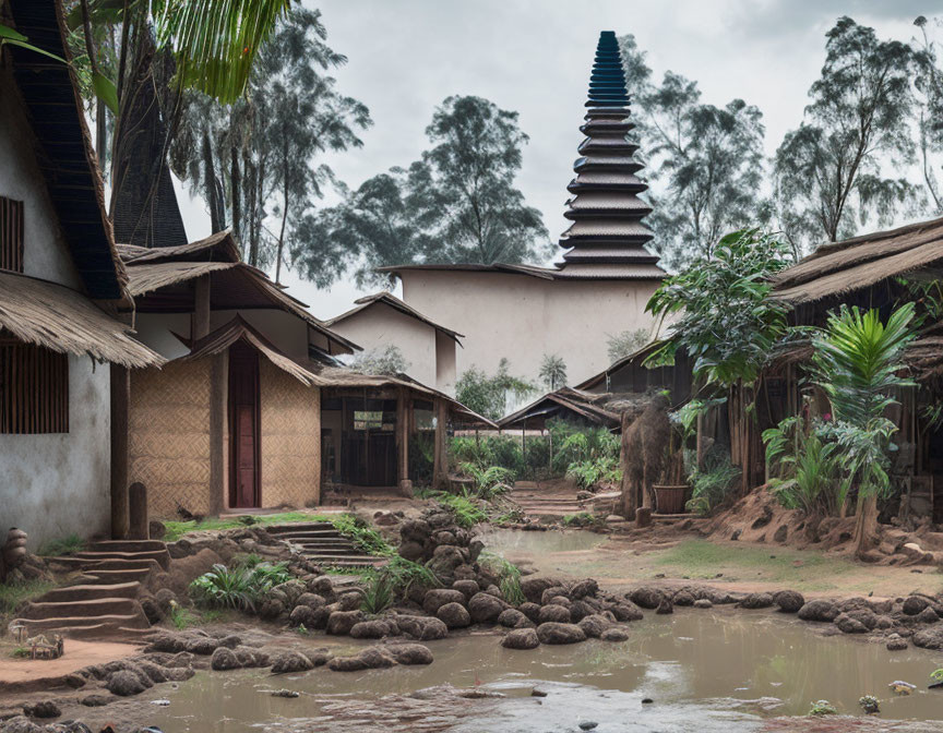 Traditional rural village with pagoda, pond, and lush greenery