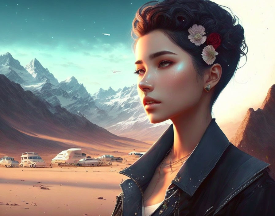 Woman with flower-adorned hair in surreal desert scene