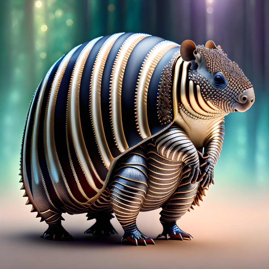 Hyperrealistic Armadillo Illustration with Ornate Patterns and Gold Accents