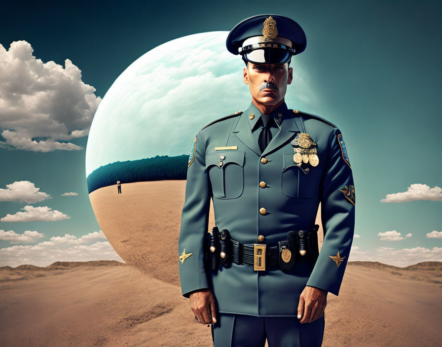 Police officer in desert with surreal planet in sky