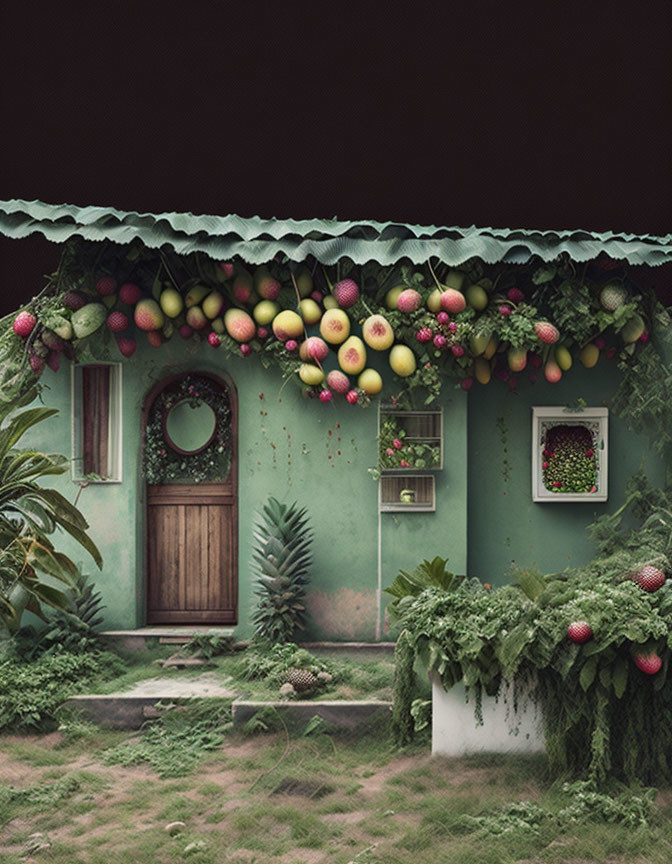 Green house with corrugated roof and fruit decorations in lush garden