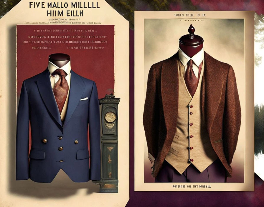 Men's Vintage Style Blue and Brown Suit Ensembles with Ties and Grandfather Clock