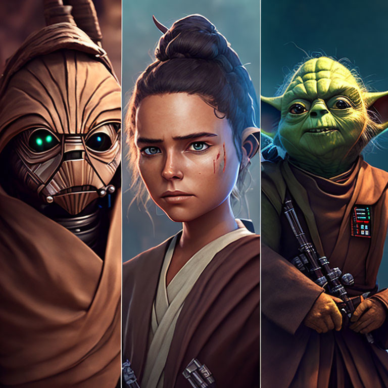 Stylized Star Wars characters: masked figure, young woman, Yoda with lightsaber