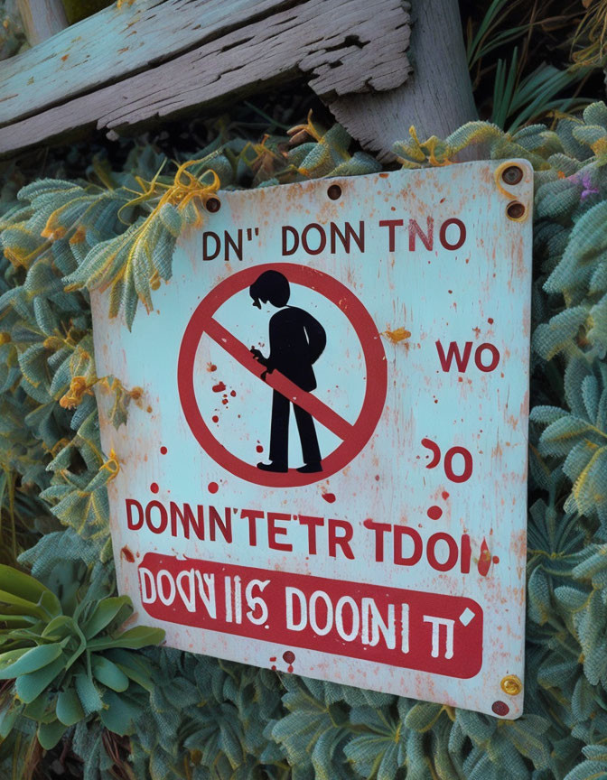 Weathered No Digging Sign Surrounded by Green Plants and Vandalism