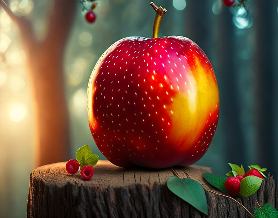 Red apple with yellow gradient on tree stump in forest setting