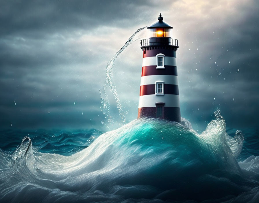 Lighthouse on Large Wave During Stormy Sky