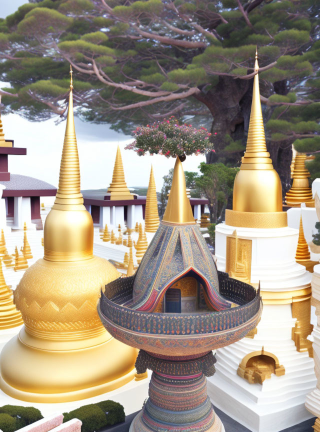 Architectural fusion: Surreal image with golden spires and colorful pagoda