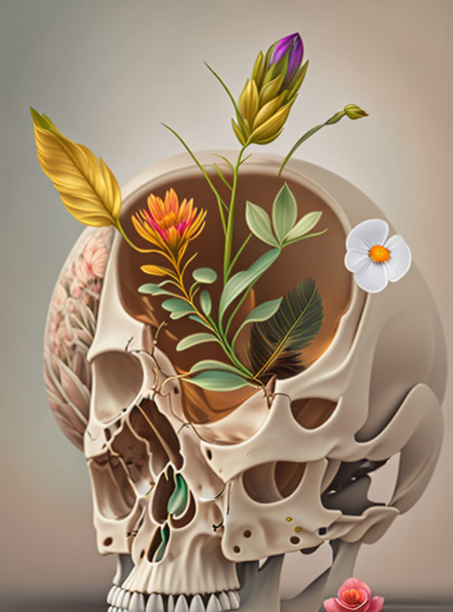 Skull Illustration with Plants and Flowers on Muted Background