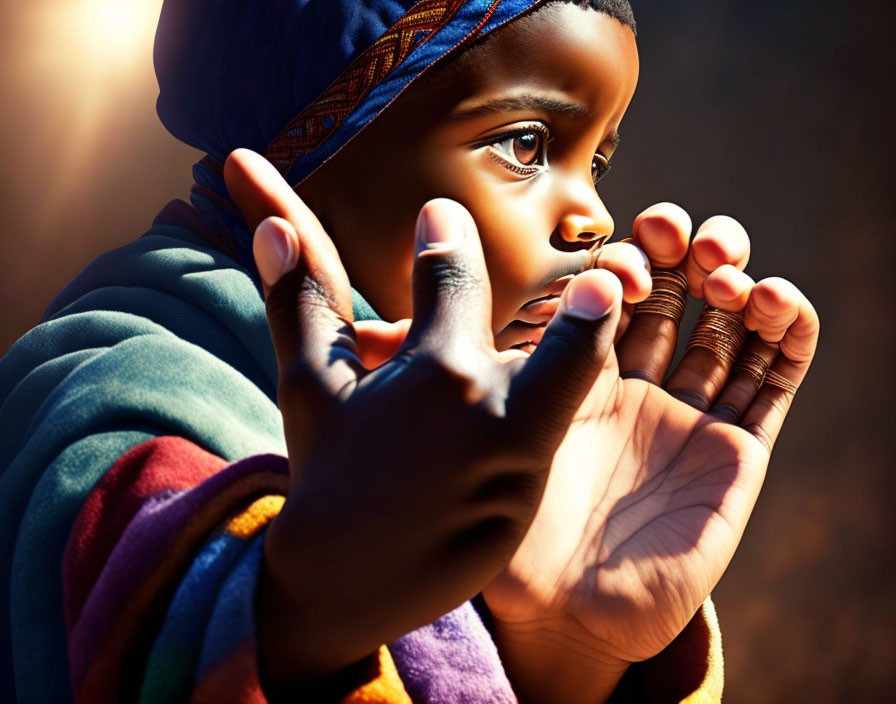 Child with expressive eyes in colorful attire under sunlight