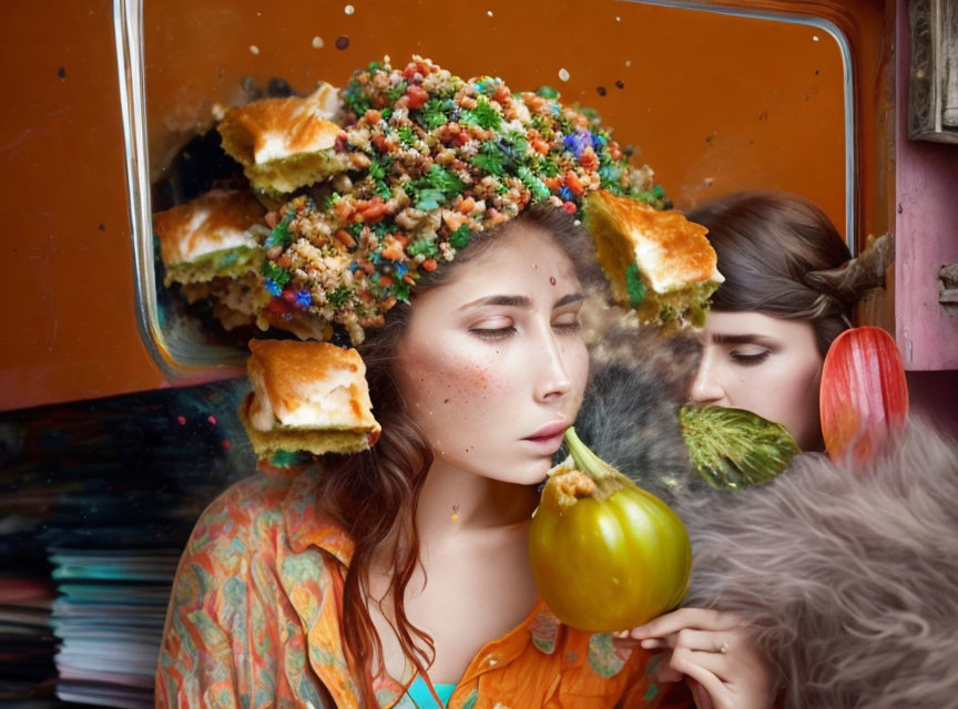 Woman daydreaming with food on head next to mirror reflection