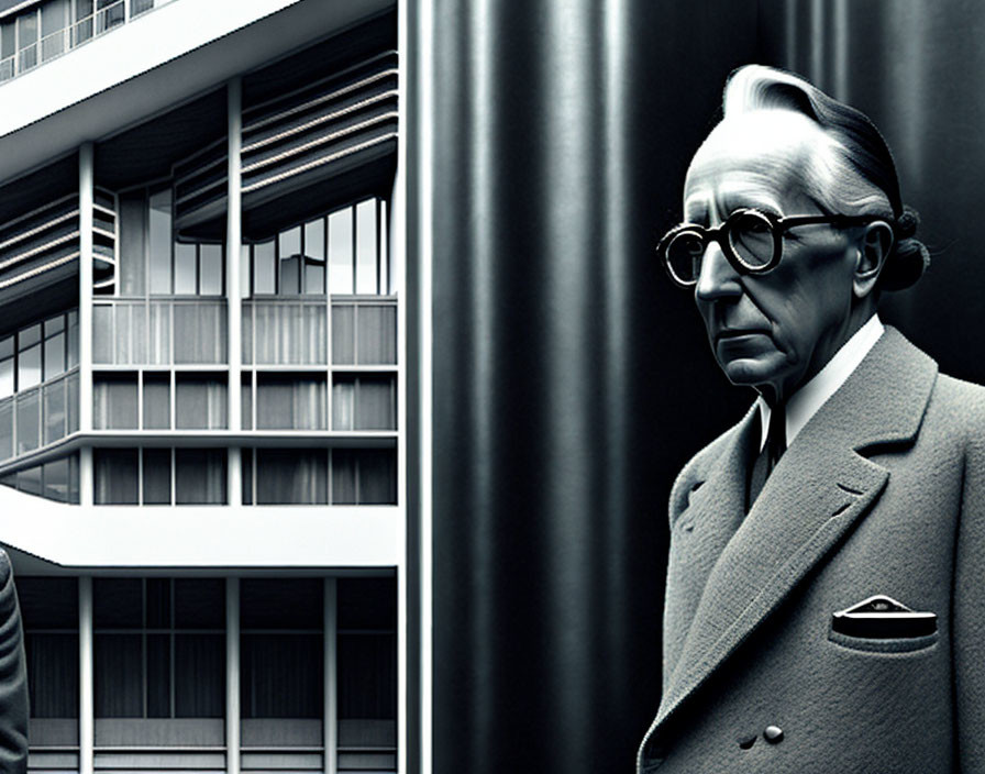 Monochrome image of a man in glasses and suit by linear architectural structures