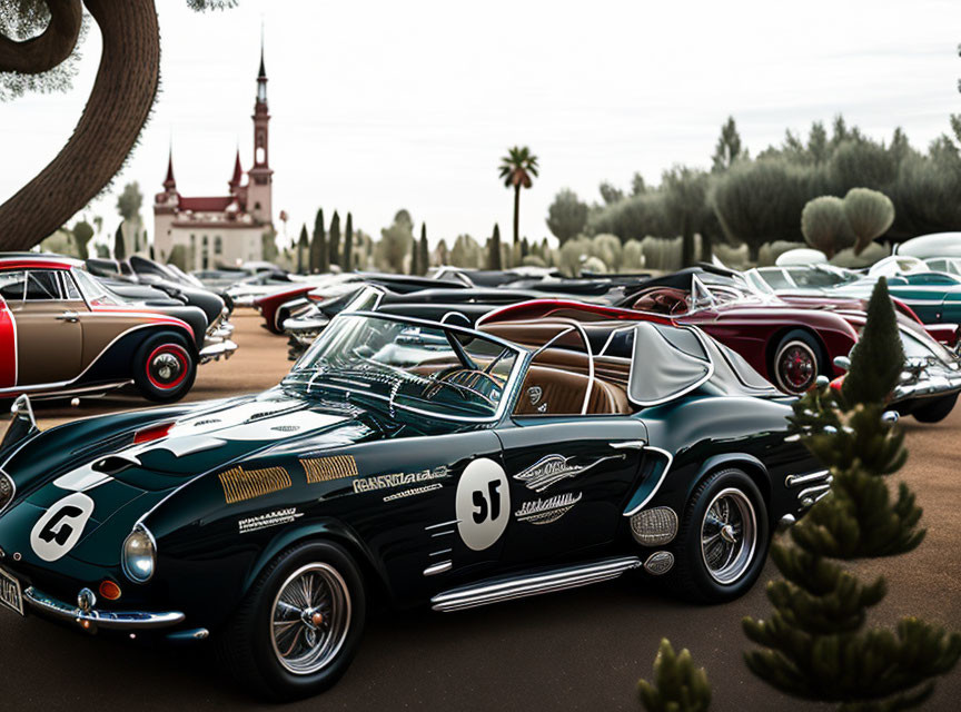 Classic black sports car among vintage cars with church and greenery in background