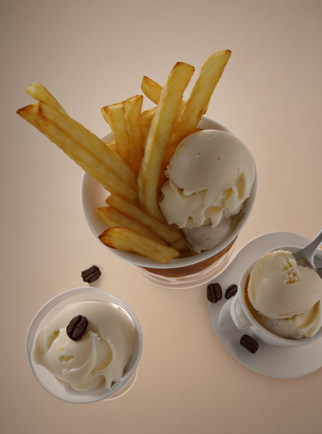 Vanilla Ice Cream in Glass Cup with Coffee Beans and Golden French Fries