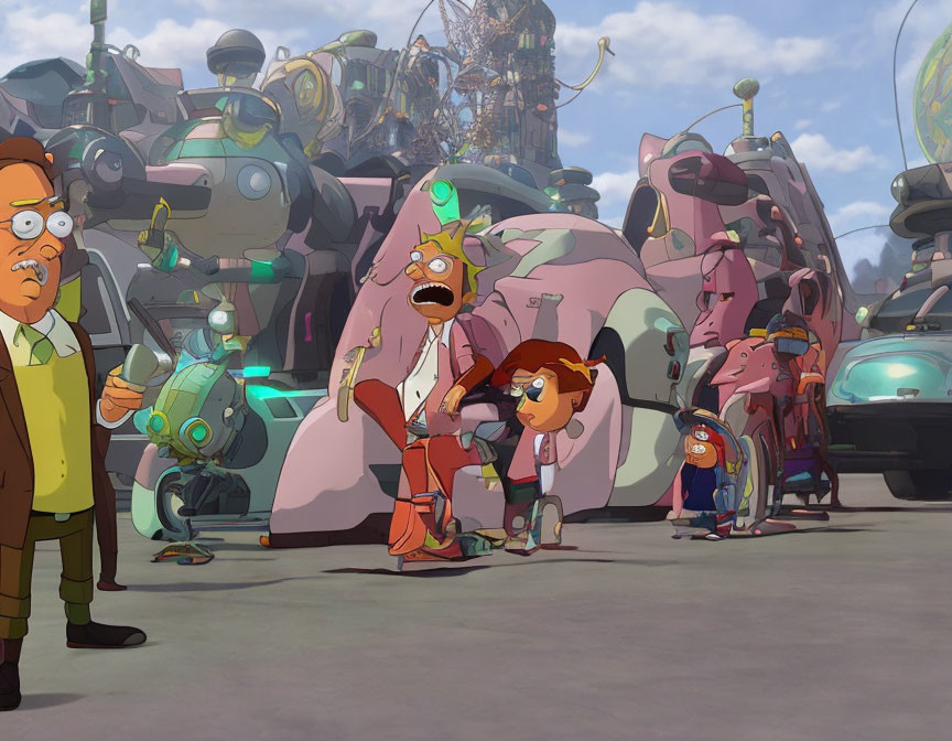 Animated characters in sci-fi setting with distressed man and futuristic machinery.