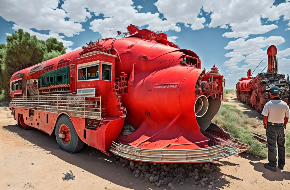 Man standing next to red vintage bus-train hybrid in desert