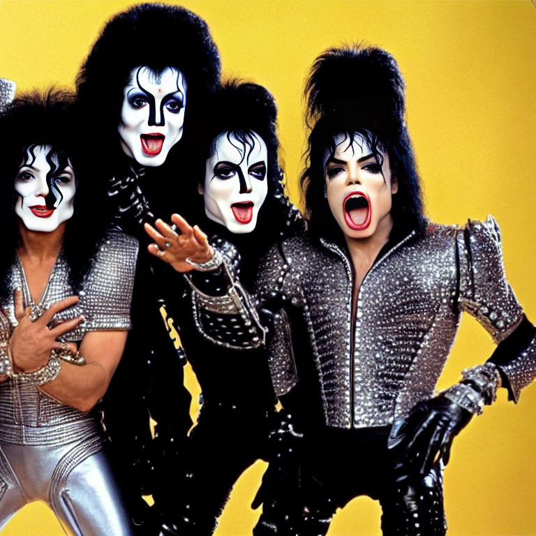 Four people in KISS-inspired makeup and costumes on yellow background