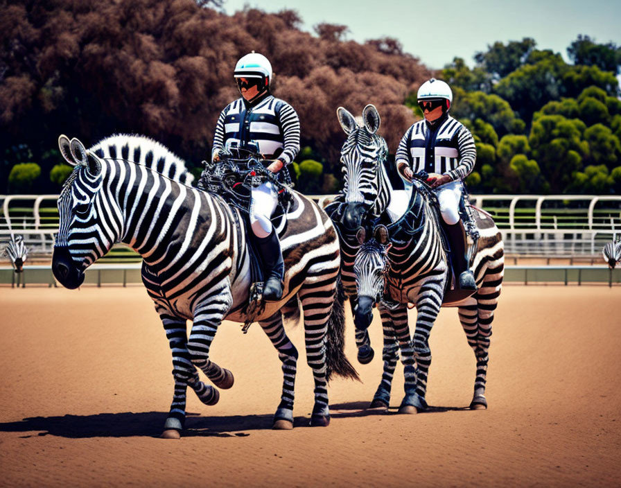 Three Referees Riding Zebras on Racetrack with Trees