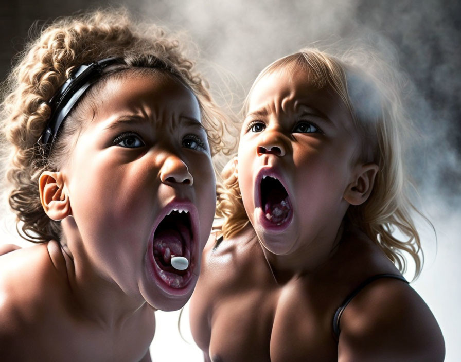 Two children with whistle and yelling in front of smoky backdrop