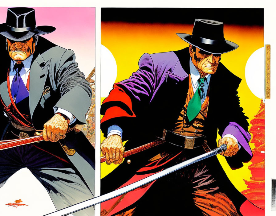 Men in gangster attire with sword canes in comic book style illustration