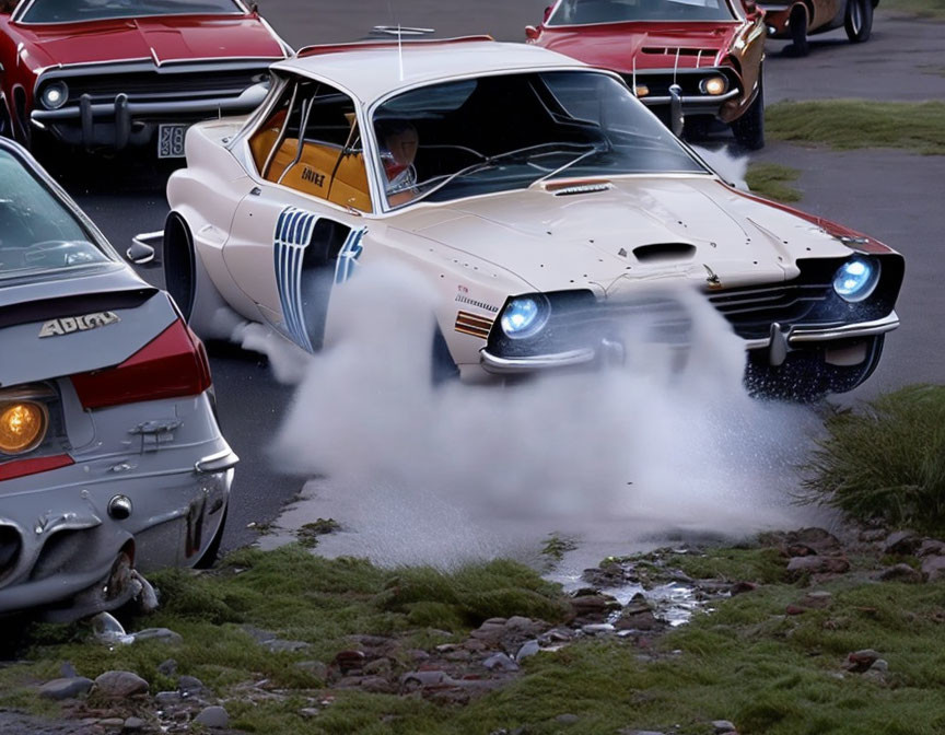 Vintage Muscle Car with Blue Stripes Burning Out Among Classic Cars